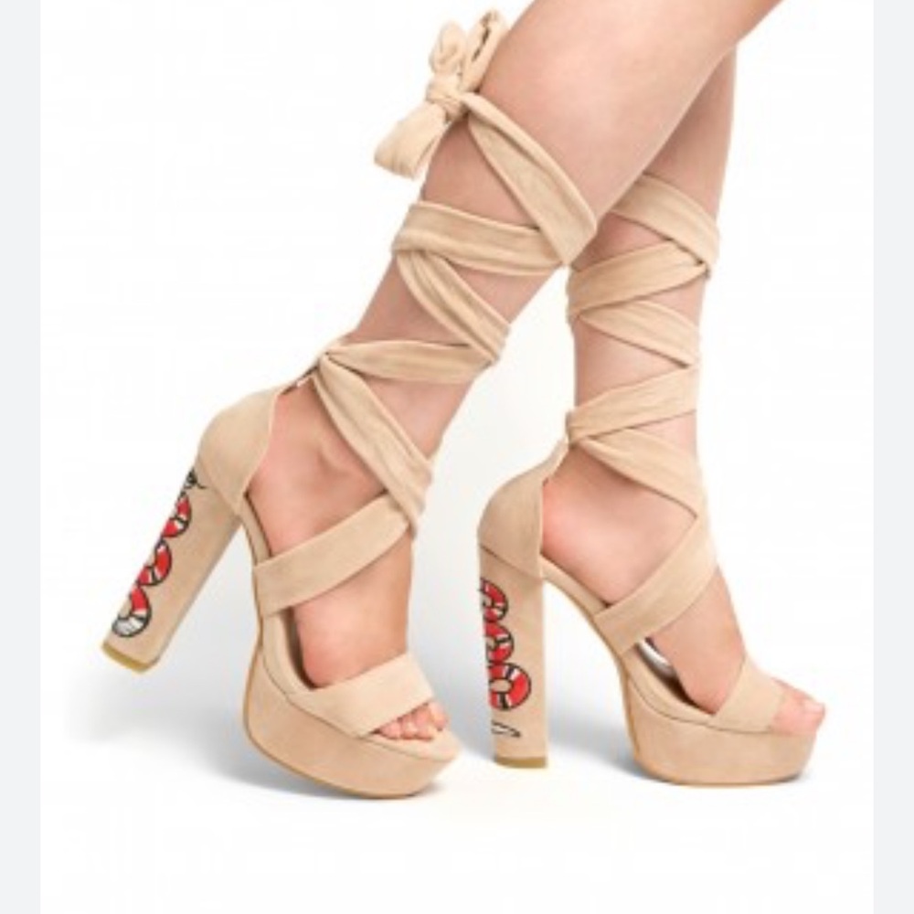 Herstyle Nude Heels with Red Snake Embroidery - Picture 14 of 14